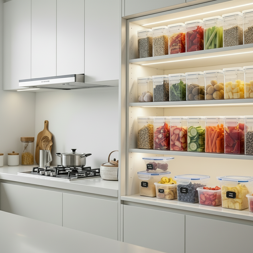 Cozinha organizada com potes plásticos herméticos