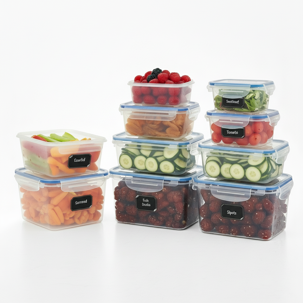 Potes plásticos herméticos empilhados e organizados