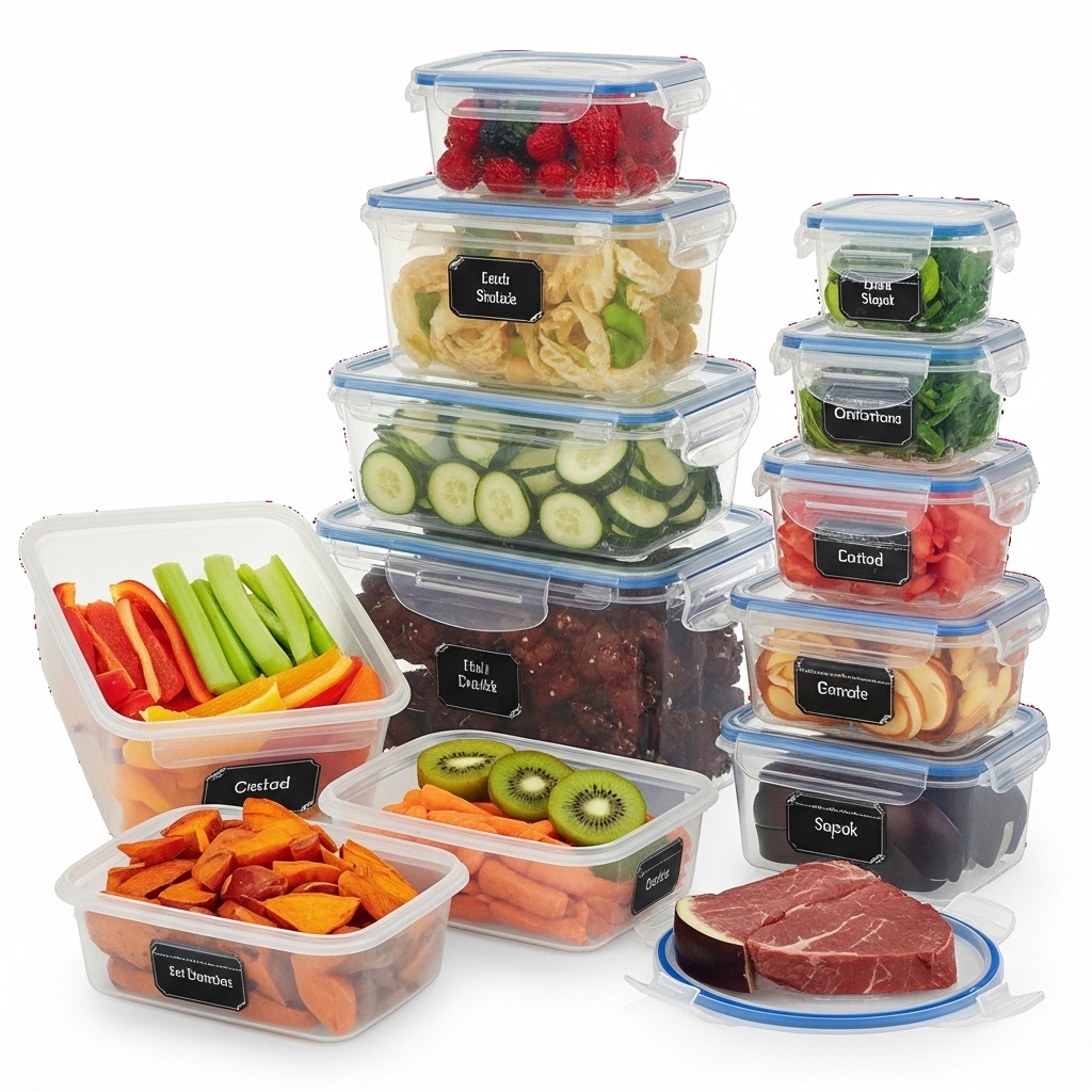 Potes plásticos herméticos em 3 tamanhos diferentes com exemplos de uso